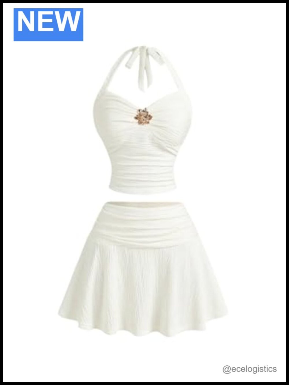 2 Piece Halter Crop Top & Ruched Skirt Set Vacation Outfit